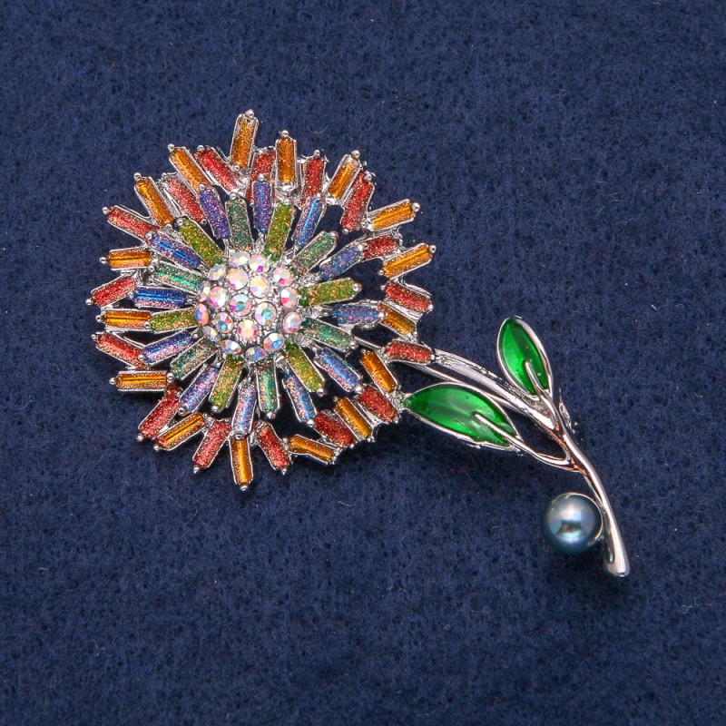 Broșă «Floare» din metal argintiu și email multicolor, 61×33 mm