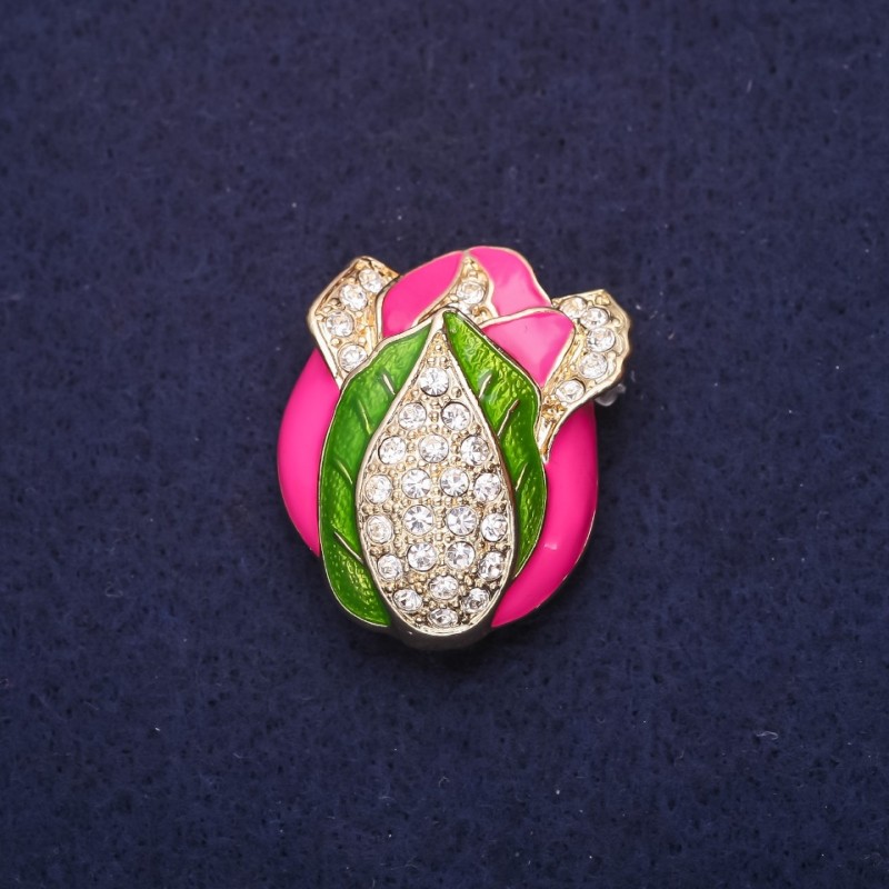 Broșă «Buton» cu email și strasuri, culoare visiniu, verde și alb, 32x26 mm, metal auriu
