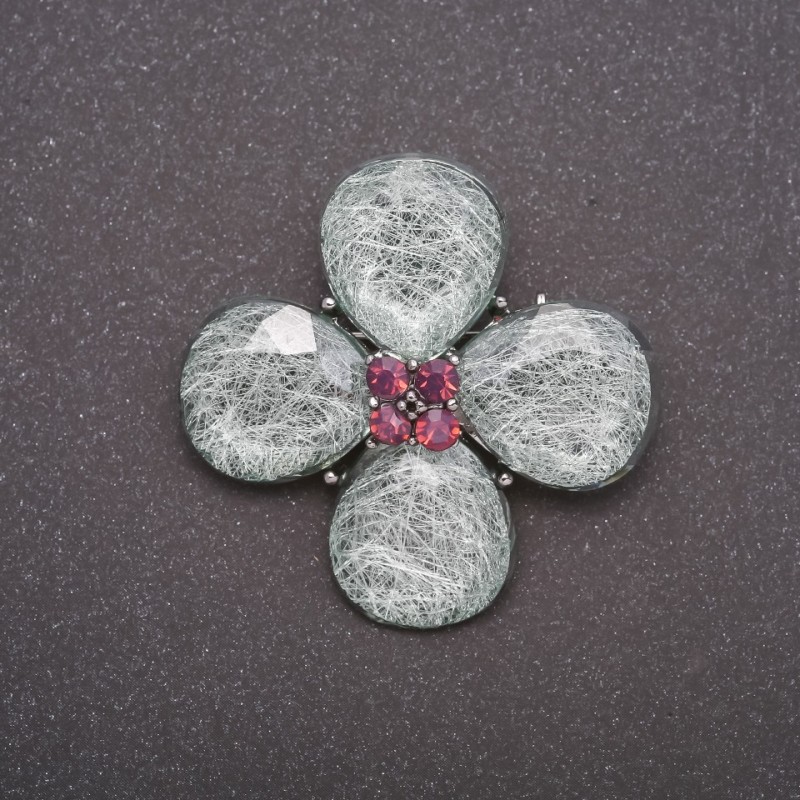 Broșă cu trifoi cu patru foi, efect acvariu verde, din metal gri, 37×45 mm