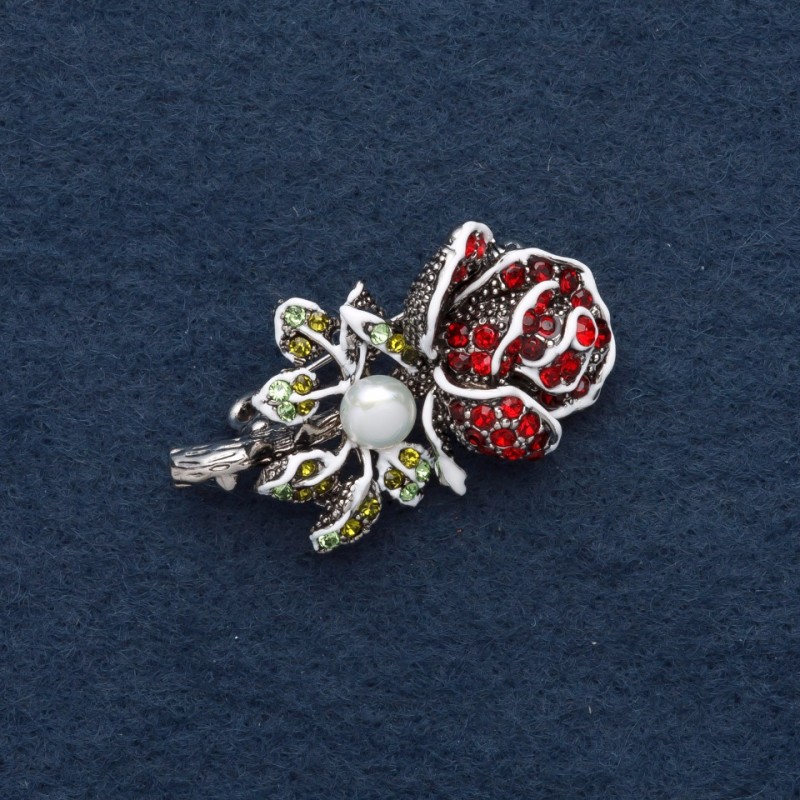 Broșă «Roză» 4×2,5 cm, cu cristale, email, metal gri