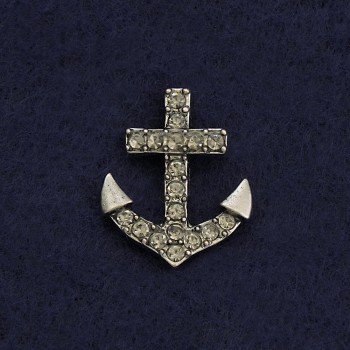 Broșă cu închizătoare pe răsucire «Ancoră» 2 cm, metal gri, strasuri