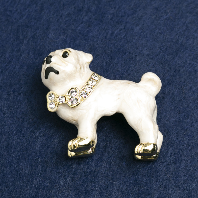Broșă Bulldog auriu din metal, cu strasuri și email, 35×42 mm +