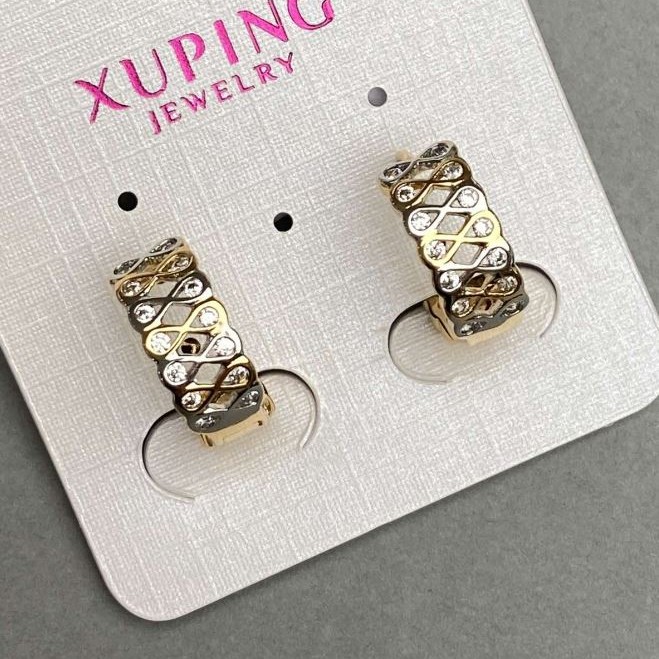 Cercei Xuping 6×15 mm cu cristale albe, placare cu aur 18K și rodiu