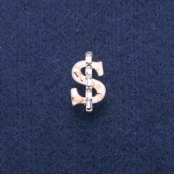 Broșă «Dolar» cu email alb și perlamutru de haliozit, cristale albe, metal argintiu 12x21 mm