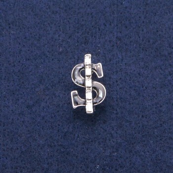 Broșă Dolar cu email negru și sidef haliozit, cristale albe, metal argintiu 12x21mm