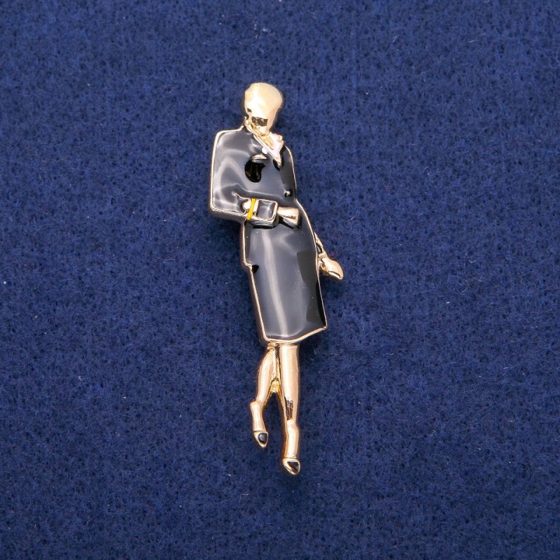 Broșă pandantiv Doamnă cu email, metal auriu, 18×60 mm 