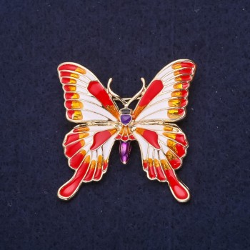 Broșă în formă de fluture, email, culoare roșu, alb, portocaliu, mov, 36×37 mm, metal auriu