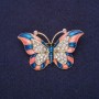 Broșă fluture, cu cristale albe și email, culoare albastru-coral, 46×28 mm, metal galben
