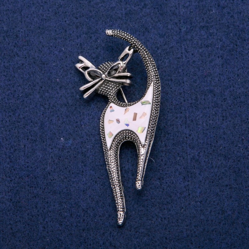 Broșă Pisicuță cu email, haliozit și cristale, 30×73 mm, metal argintiu