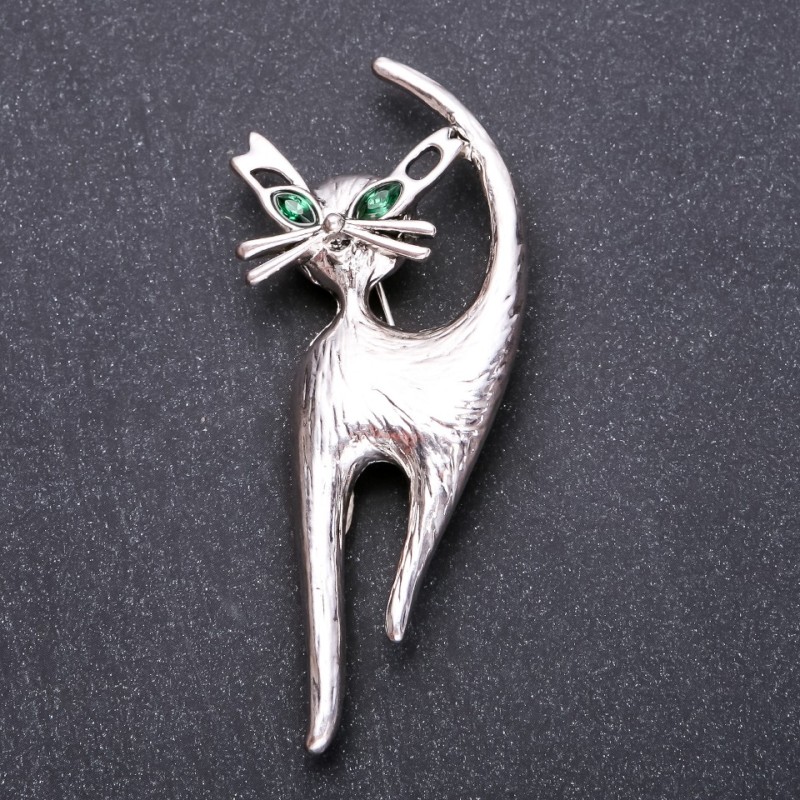 Broșă Motan cu strasuri verzi, 77×32 mm, metal cenușiu