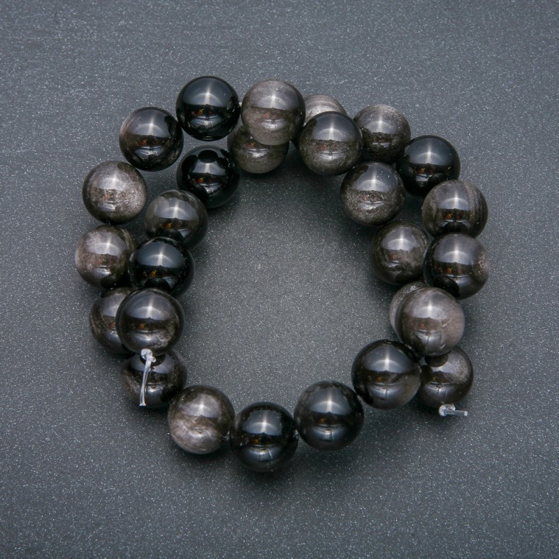 Mărgele pe șnur din piatră naturală, obsidian argintiu, bile netede, diametrul 14 mm, lungime 39 cm