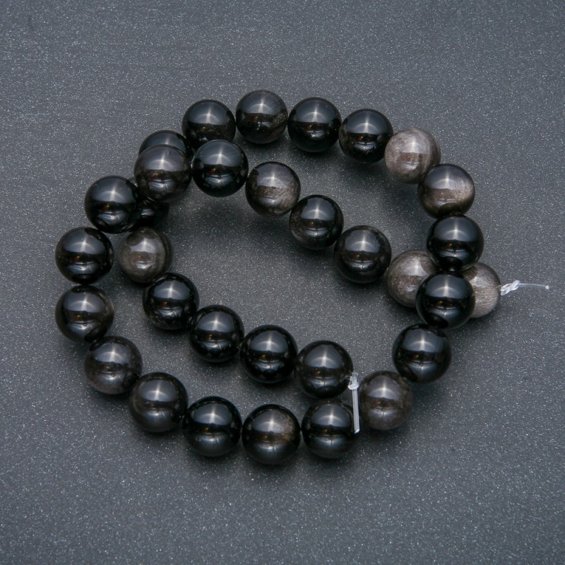 Mărgele pe șnur din piatră naturală – obsidian argintiu, bilă netedă, diametru 12 mm ±, lungime 39 cm ±