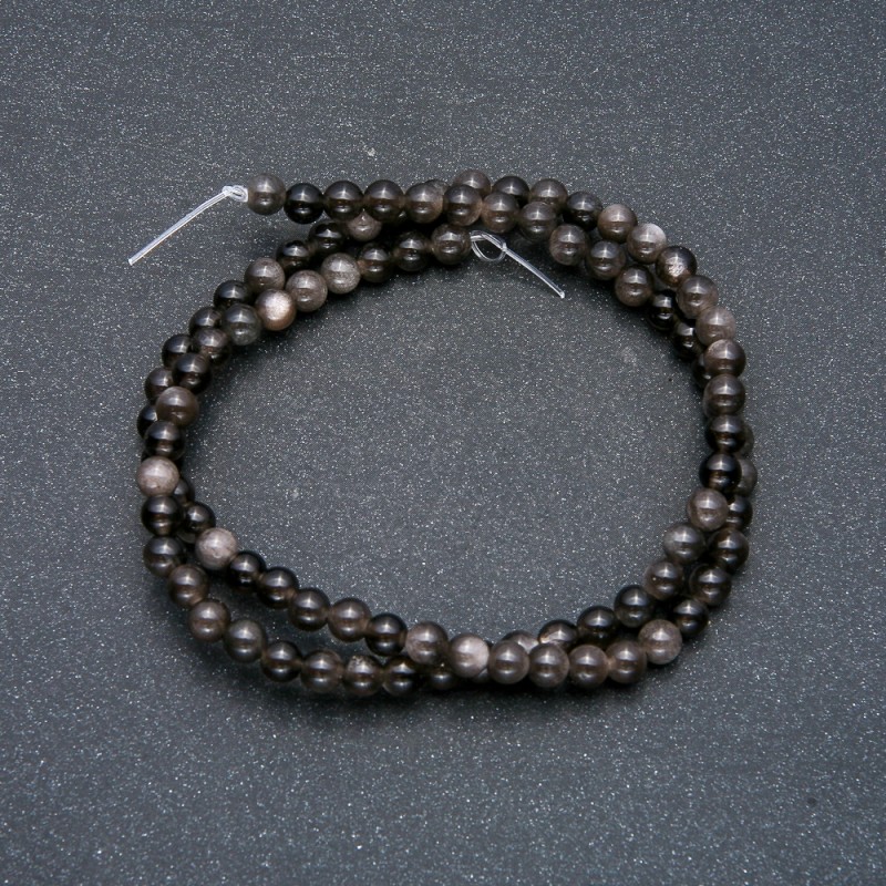 Mărgele pe șnur din piatră naturală – obsidian argintiu, bile netede, diametrul de 4 mm + -, lungimea 39 cm +