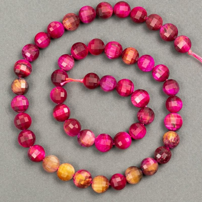 Șnur din piatră naturală Ochiul de tigru tonat, monedă facetată, culoare zmeură, diametrul 8×6 mm, lungime 39 cm +