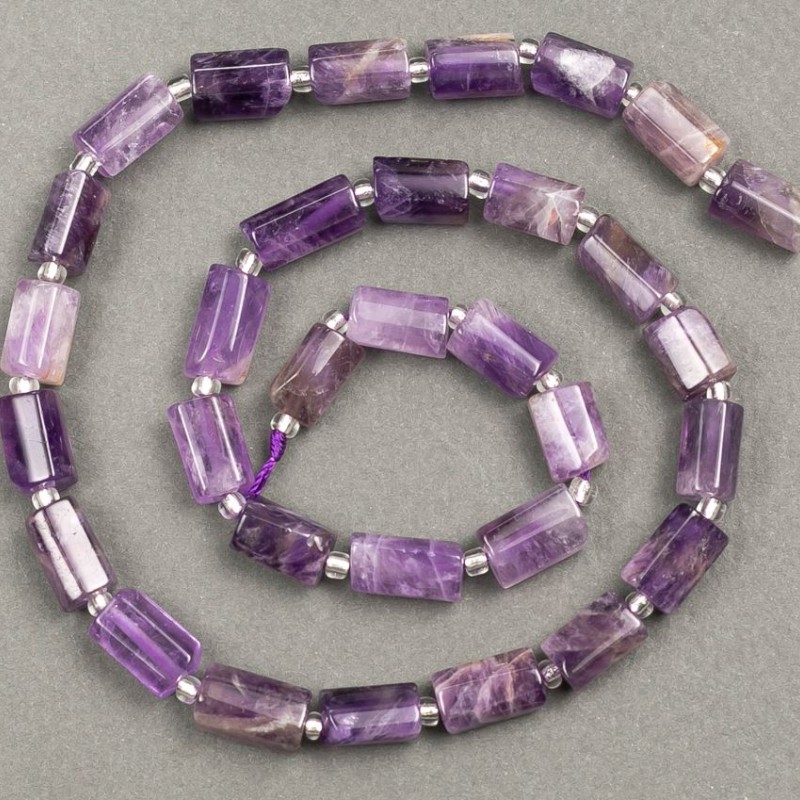 Mărgele din ametist natural, tăiate fațetate, 10×6 mm, pe șnur, lungime aproximativă 39 cm, cu mărgele mici (3×2 mm)