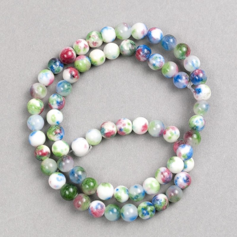 Mărgele multicolore roz închis, albastru închis, alb, verde „agat” (acrilic artificial) pe fir, bilă netedă, diametru 6 mm ± L