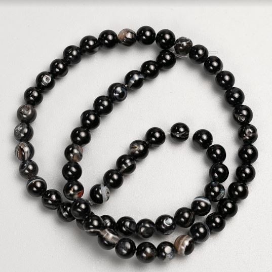 Mărgele pe fir din piatră naturală agat negru, bile netede, diametru 6 mm ±, lungime 37 cm ±