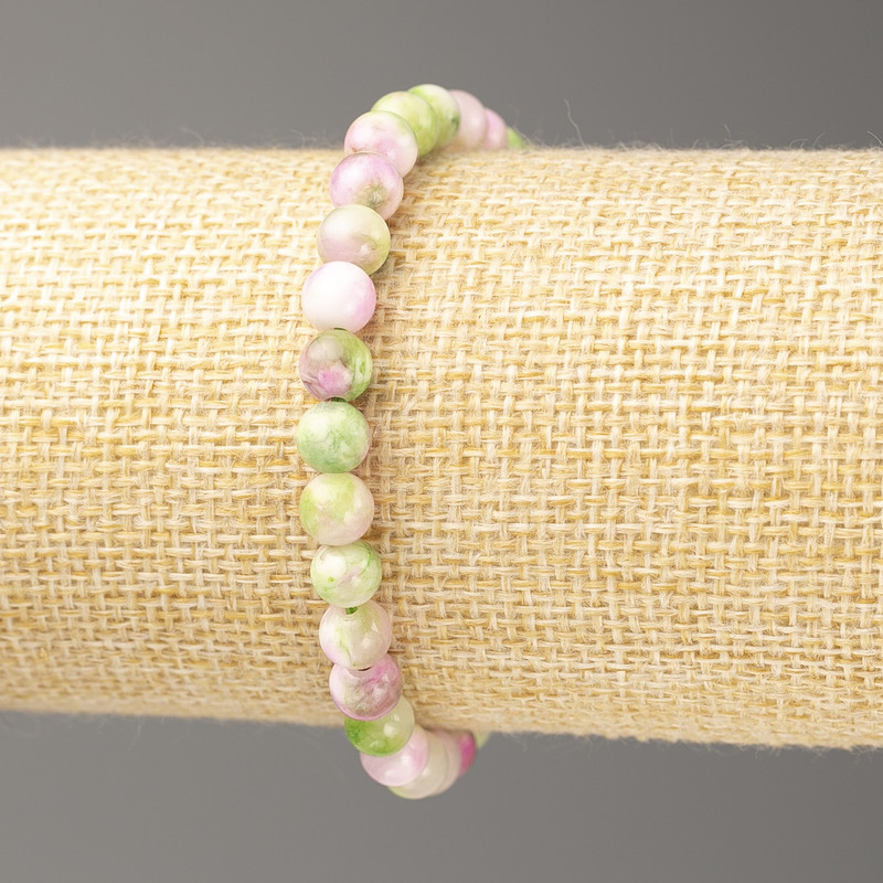Brățară roz, verde și albă, nefrit oceanic imitatie (acril lucios), diametrul mărgelelor aproximativ 6 mm, lungimea aproximativă 18 cm, cu mărgele netede pe elastic