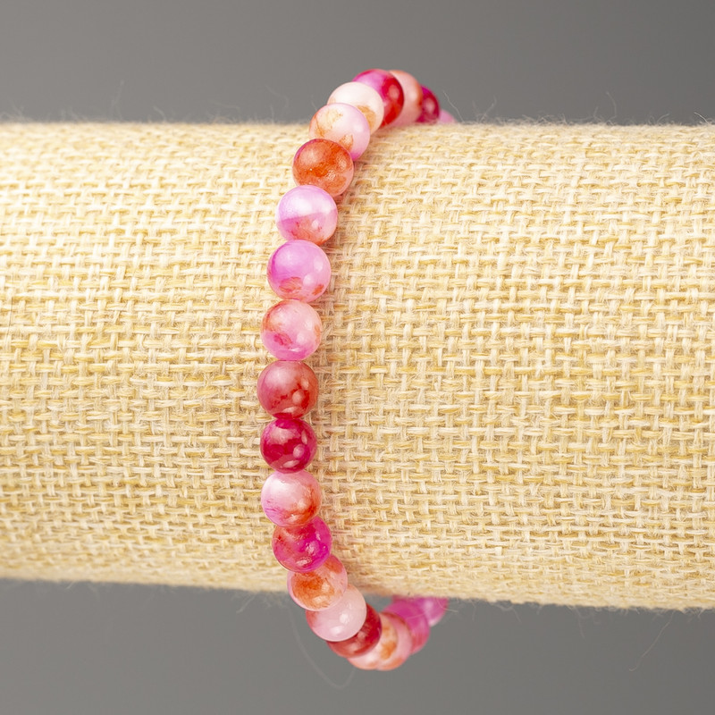 Brățară cu mărgele din acrilic roz-roșcat și alb, nefrit oceanic (acrilic sintetic), diametrul 6 mm ±, lungimea 18 cm ±, mărgele netede pe elastic