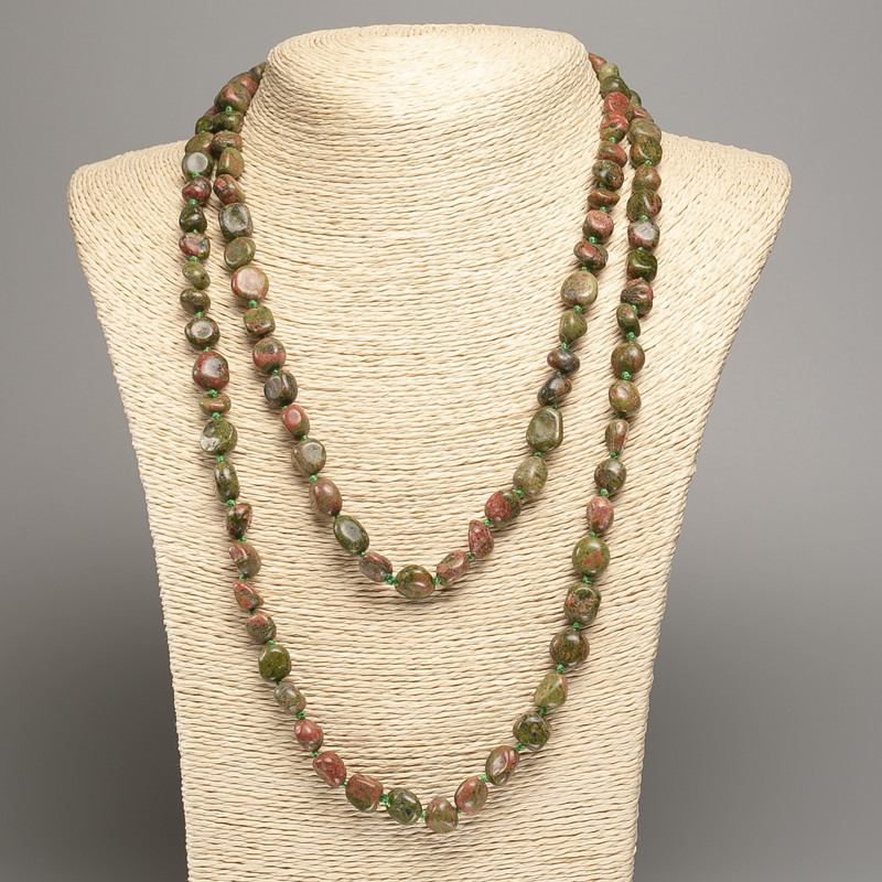 Colier lung din unakit jasper, cu fațetare, diametru 5×8–10 mm, lungime 110 cm