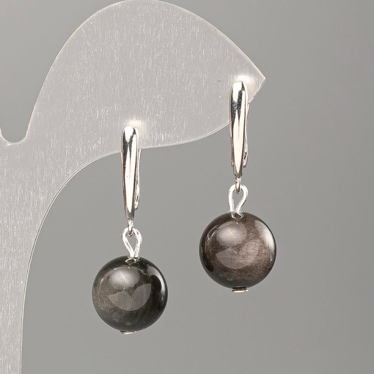 Cercei din obsidian argintiu, bilă netedă, diametrul de 12 mm ±, lungimea 33 mm ±