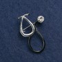 Broșă stetoscop neagră cu piatră albă, metal argintiu 44×29 mm