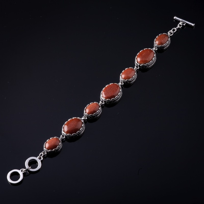 Reducere. Brățară cu aventurin „Nisip auriu”, montură „dințișor”, piatră ovală 7 buc, 20×16 mm și 13×16 mm, aproximativ cm, lungime 18–21 cm