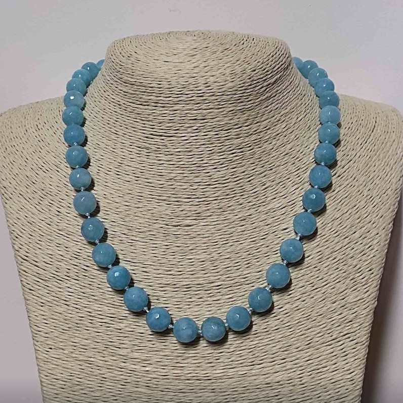 Colier cu acvamarin din piatră naturală, mărgele facetate, diametru 10 mm, lungime 49 cm