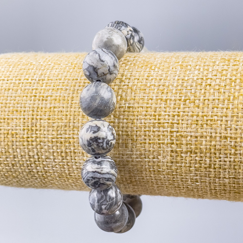 Brățară din jasper gri oceanic (acrilic artificial), mărgele netede, diametrul de 12 mm, lungime 18 cm (elastică)