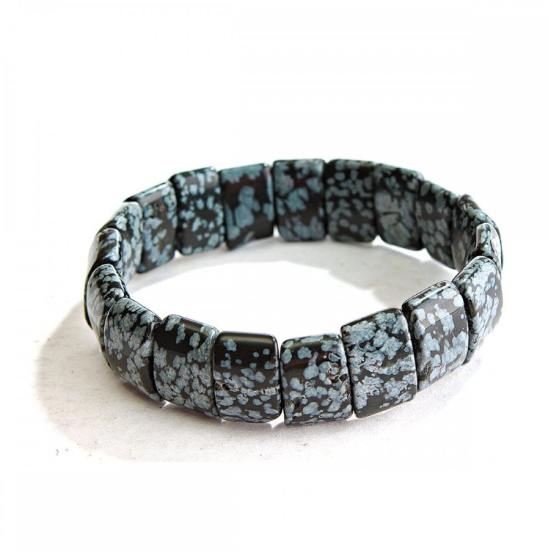 Brățară pe elastic, negru și alb, obsidian de zăpadă «Lacrimile Apache», pietre dreptunghiulare 11x15 mm (+/-)