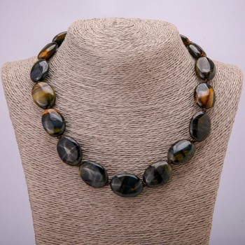 Colier din piatră naturală ochi de uliu, oval 25×18 mm, lungime 45 cm +