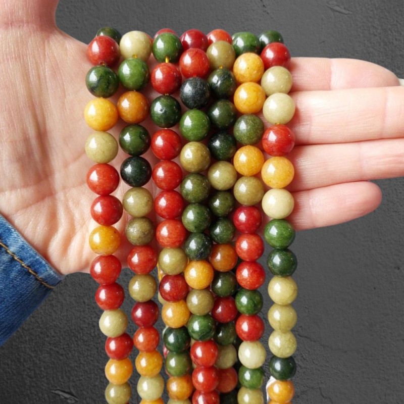 Mărgele asortate din piatră naturală – bilă netedă, diametrul 10,5 mm ±, pe șnur, lungime 38 cm+