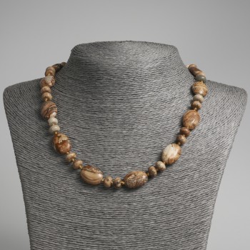 Colier din jasper peisaj, ovale plate, diametrul 13×18 mm, rondeli 9×5 mm, lungime 45 cm