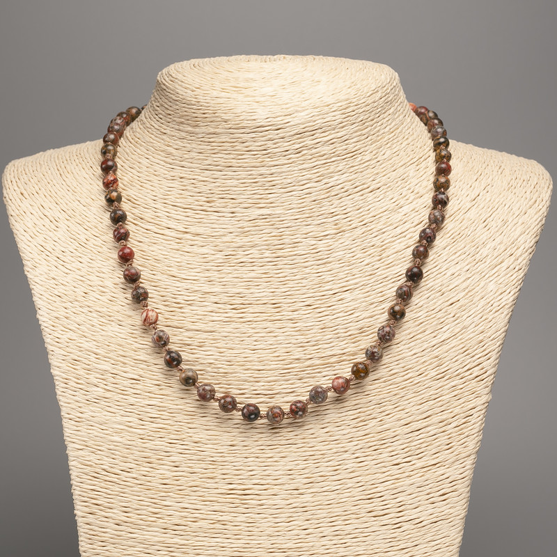 Colier din jasper leopard (acrilic artificial) cu mărgele netede, diametrul 6 mm, lungime 48 cm