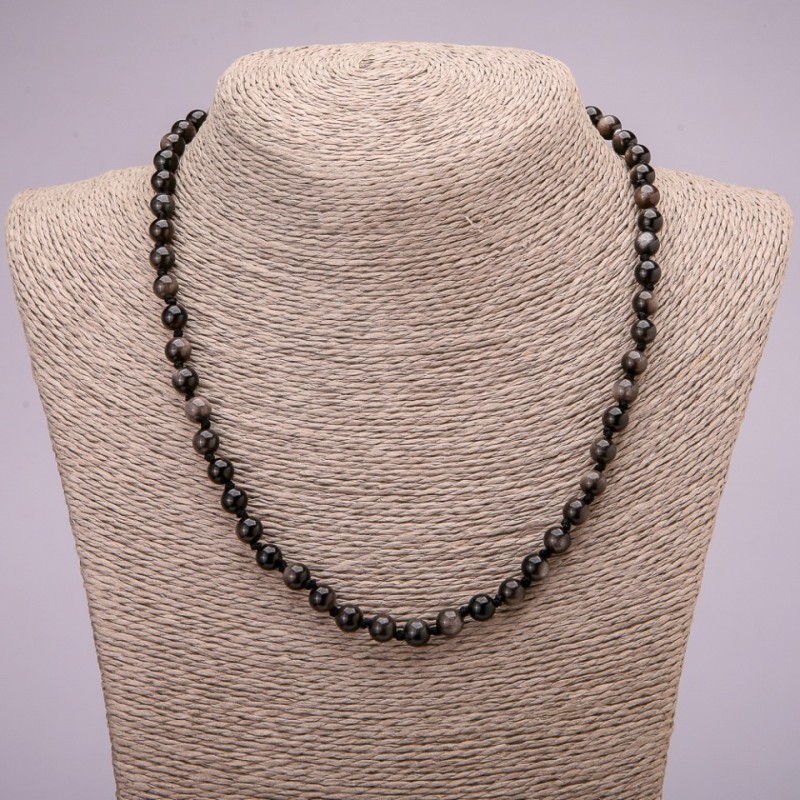 Colier din obsidian natural, argintiu, mărgele netede, diametrul aproximativ 6 mm, lungime 45 cm +