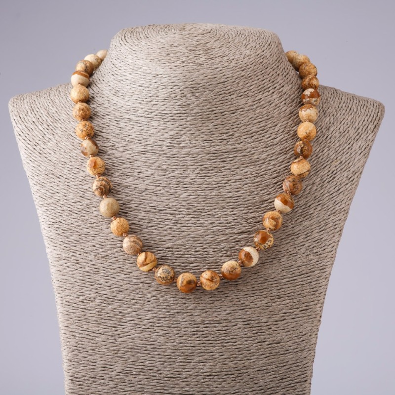 Colier din jasper peisaj, bile tăiate, diametrul 10 mm, lungime 48 cm
