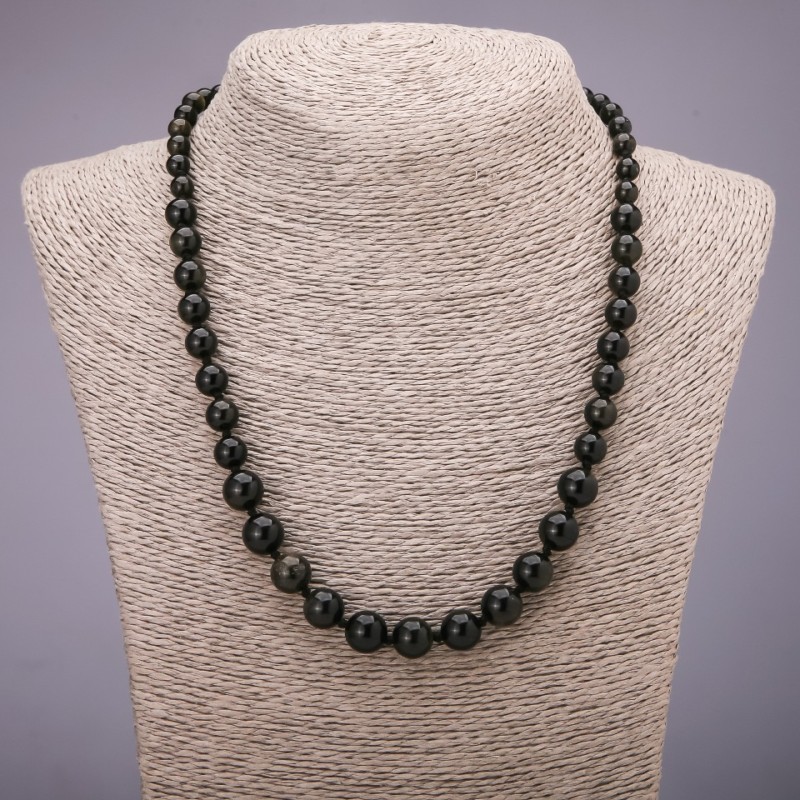 Colier din piatră naturală, obsidian solar, bile netede, diametre 6–10 mm, lungime 50 cm