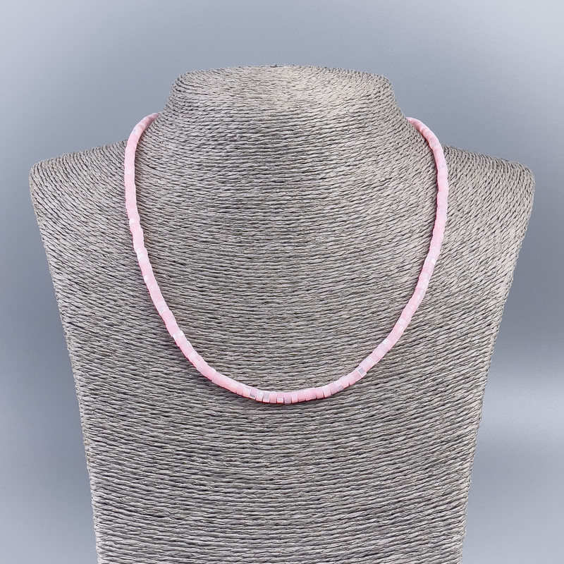Colier-choker din sidef natural roz, rondel net, diametru 4×2 mm, lungime 48 cm