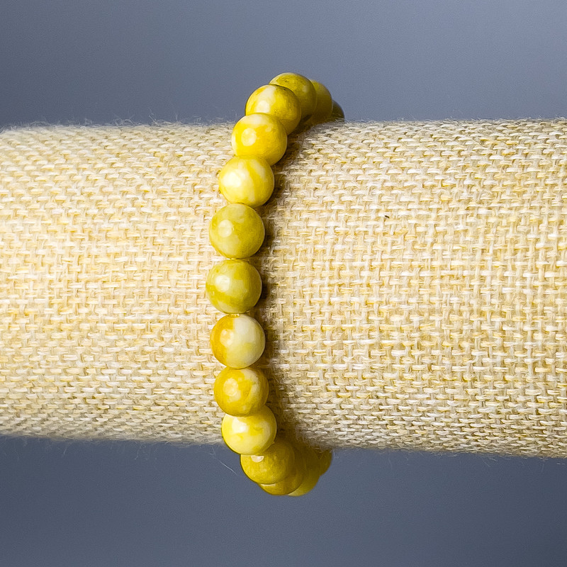 Brățară din jad galben cu mărgele netede, diametrul de 8,5 mm, lungime 18 cm (extensibil)