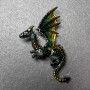 Broșă Dragon verde și galben email, metal argintiu 42×66 mm