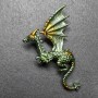 Broșă Dragon, emală mată verde salată și galbenă, metal argintiu, 42×66 mm