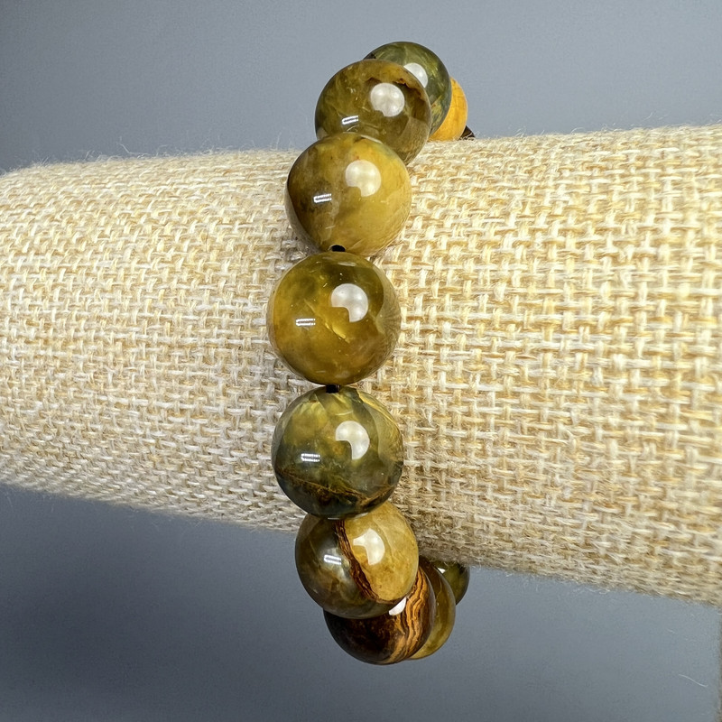 Brățară din petersit galben, piatră naturală, mărgele netede, diametrul 12,5 mm, lungime 18 cm (elastic)