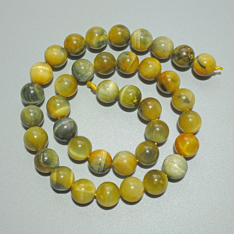 Mărgele ochi de pisică galben-gri din piatră naturală, bile netede, diametrul 10,5 mm, lungime 39 cm, pe șnur