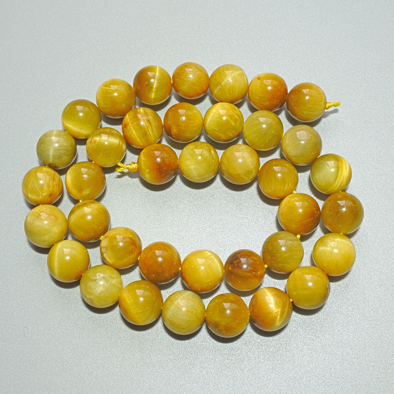 Mărgele galbene ochi de pisică, piatră naturală, bilă netedă, diametru 10 mm +/-, lungime 38 cm +/- pe șnur
