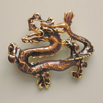 Broșă-pandantiv Dragon maro email, metal auriu 47×41 mm