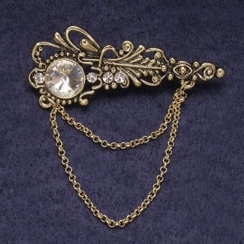 Broșă Accent cu strasuri albe și cristal central, metal auriu 55×22 mm