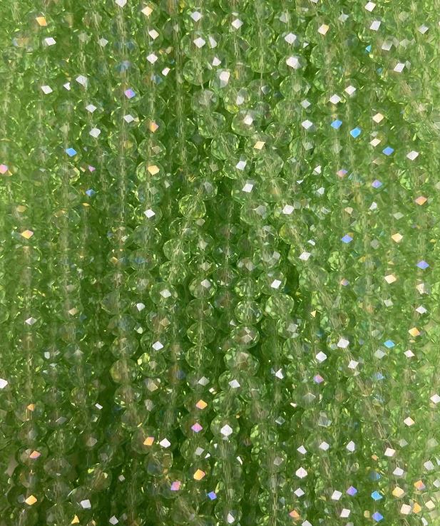 Mărgele rondel din cristal ceh, verde salată, fațetate, cu luciu de benzină, diametrul 6x5 mm, lungimea 42 mm, pe fir