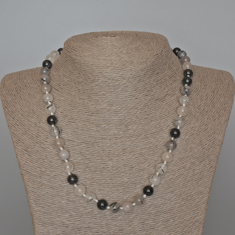 Colier din cuarț rutilit cu fibre aurii, piatră naturală, bile netede, diametrul 8,5 mm, lungime 49 cm