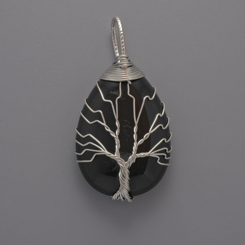 Pandantiv din agat negru în împletire argintie, diametrul 44x24x9 mm+