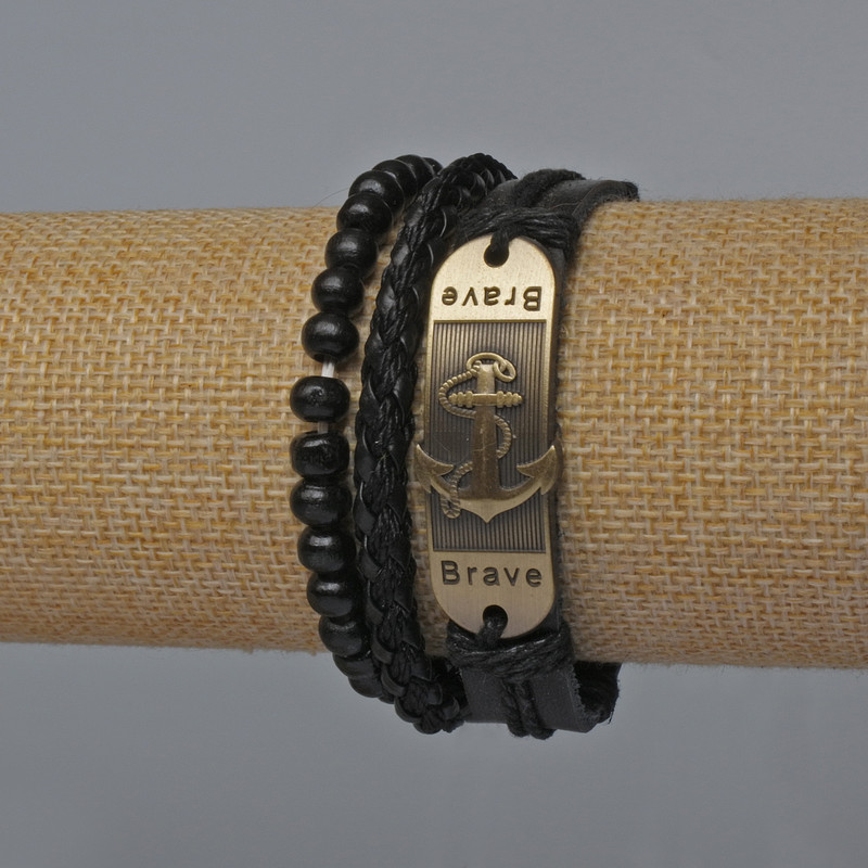 Brățară pentru bărbați – set de 3, din eco-piele, culoare neagră (reglabilă cu șnur și elastic)